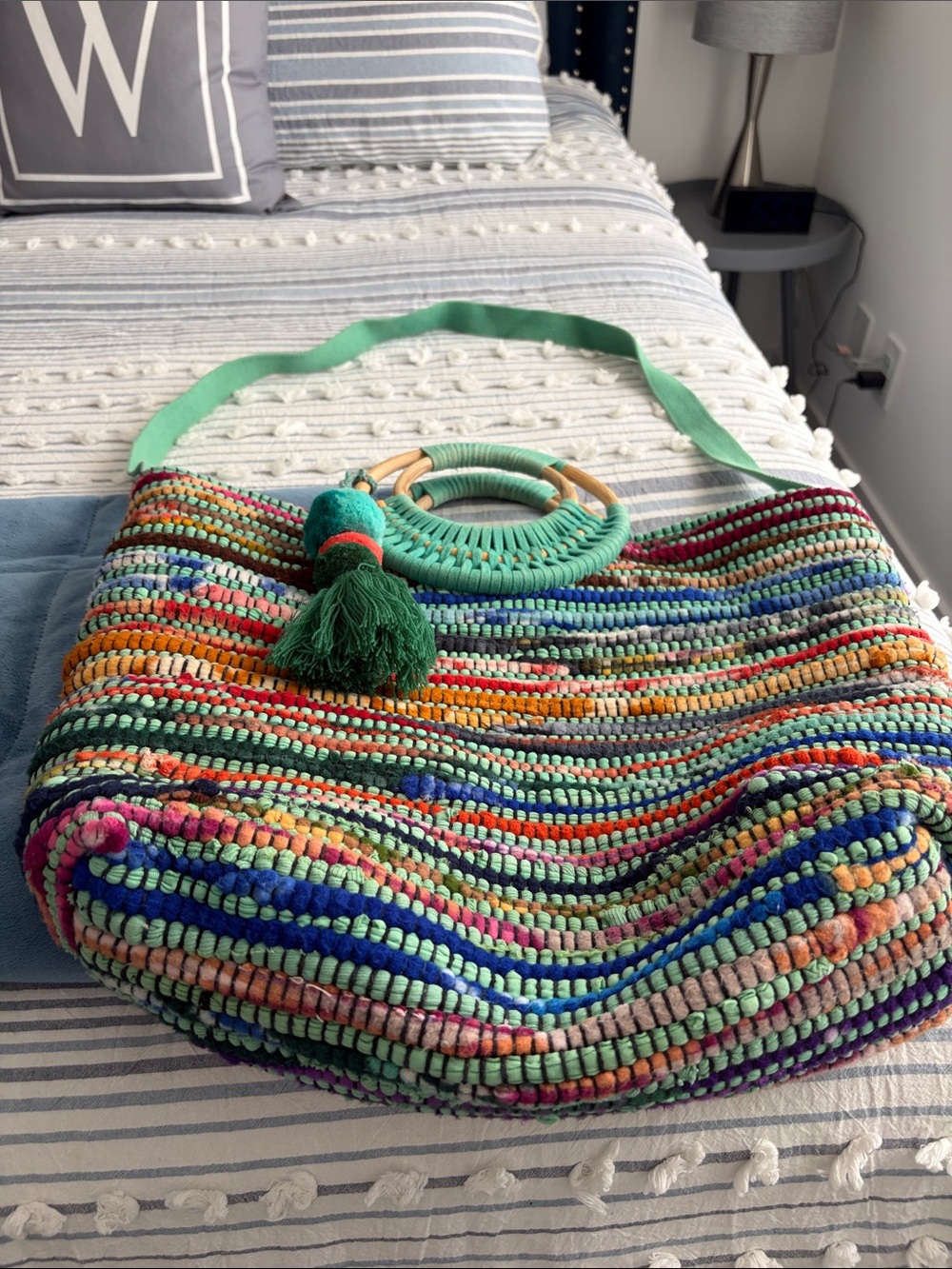 Multicolor Woven Tote Bag with Turquoise Handles and Tassel - Picture 3 of 4